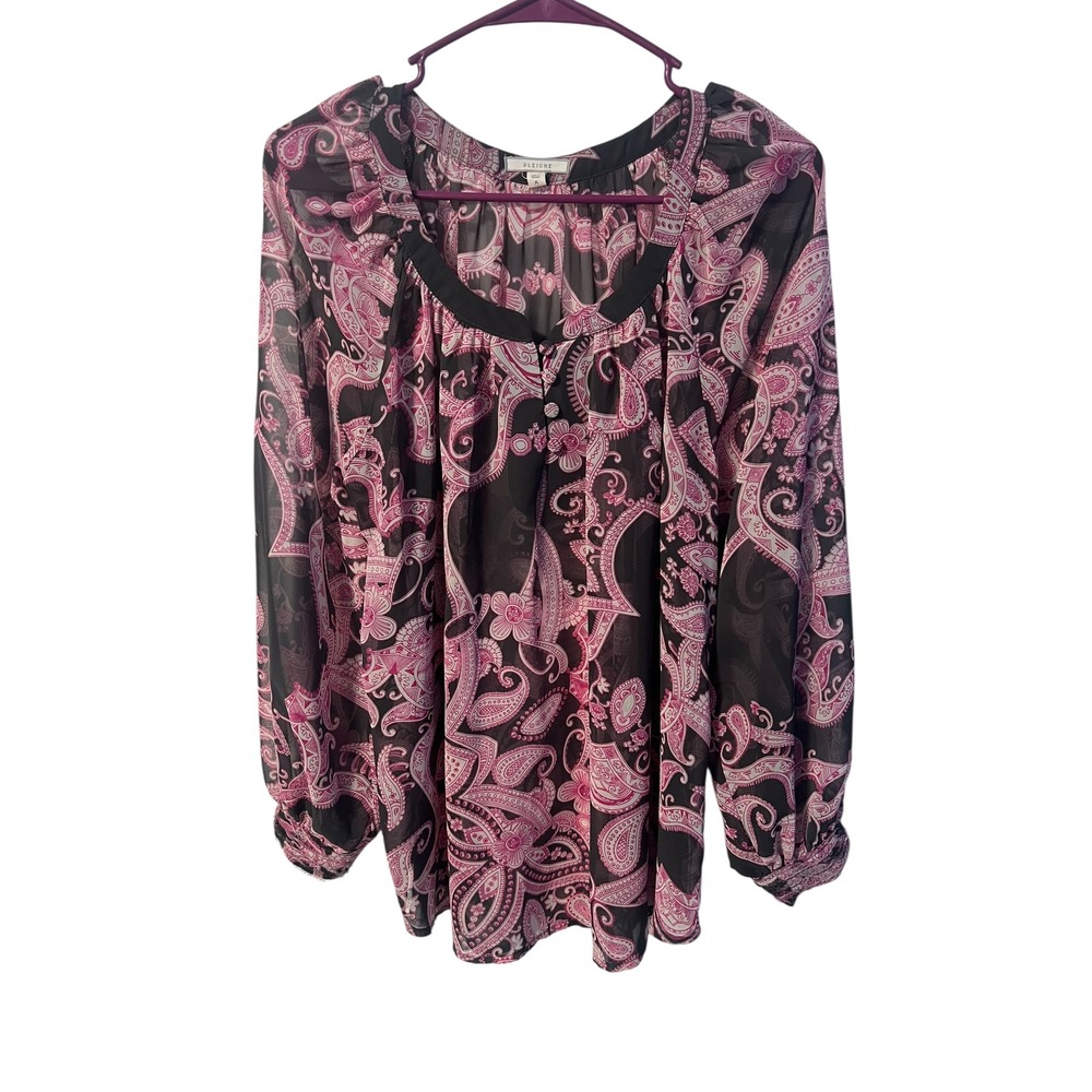 PLeione Paisley Blouse Long Sleeve Sheer Button Up Top Pink‎ Black M